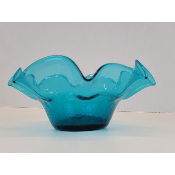 Vintage Blenko Glass Bowl Crackle Fluted Crimped Blue 9" - Picture 2 of 7